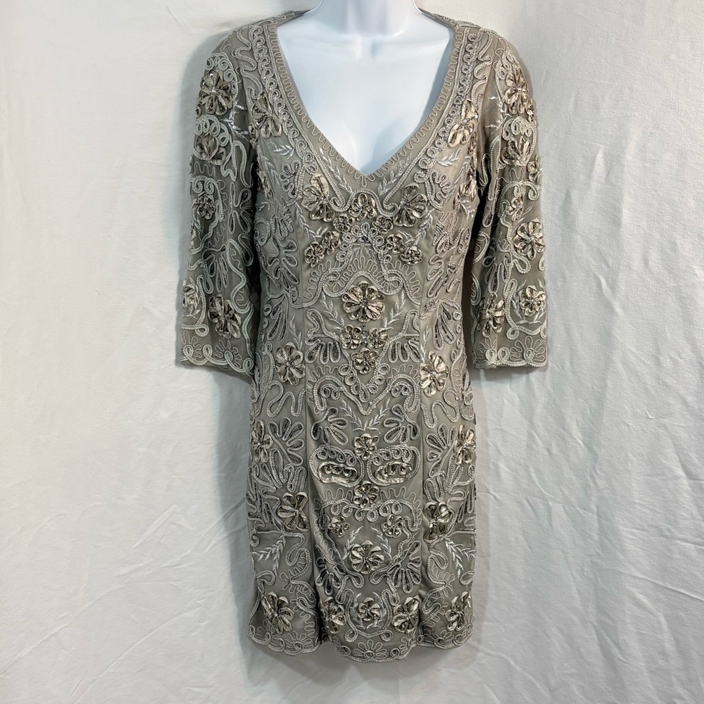 Y2K Sue Wong Floral Embroidered Mini Dress in Taupe - Picture 6 of 12